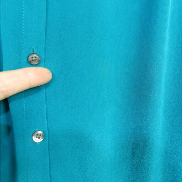 Ann Taylor Silk Blouse Size 8 Jewel Tone Teal Blue Long Sleeve Button Up FLAWS - Picture 4 of 15